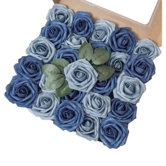 25 count | Shades of Dusty Blue Roses Artificial Flowers Wedding Bouquet Decor - Picture 1 of 3